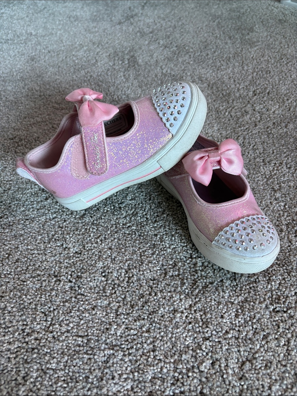 Skechers Pink Glitter Bow Slip-On Sneakers with Rhinestone Toe